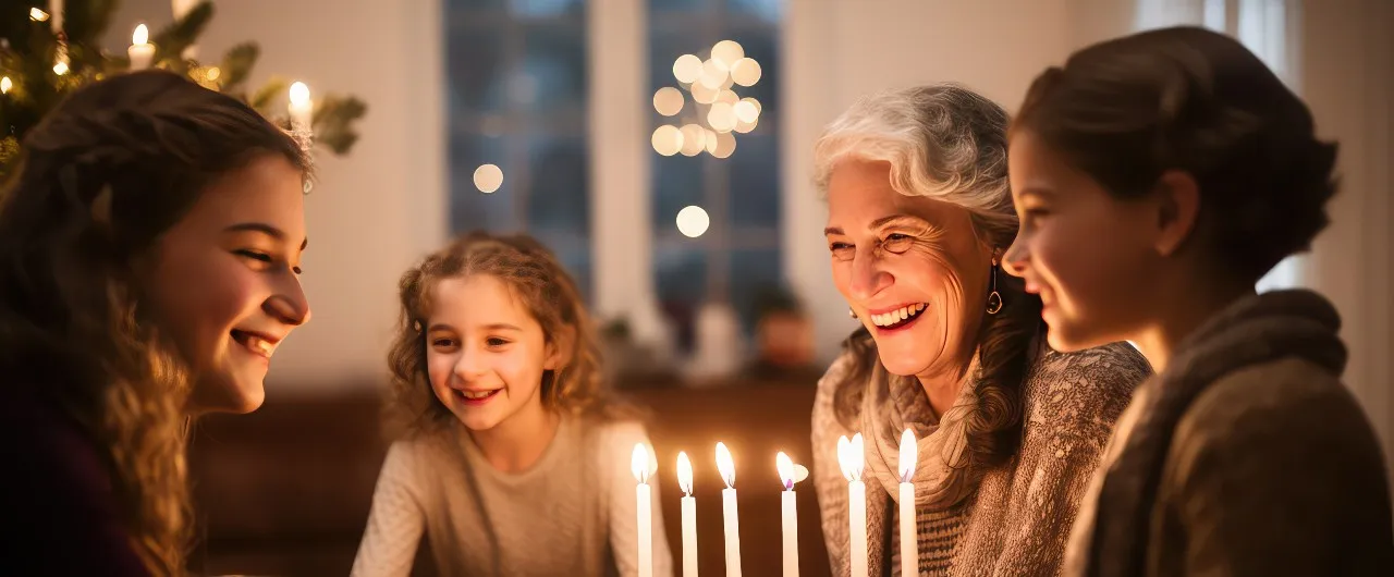 family lighting candles for Hanukkah